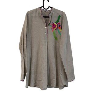 V.De.Vinster Gray Floral Embroidered Long Sleeve Tunic Shirt Womens Medium
